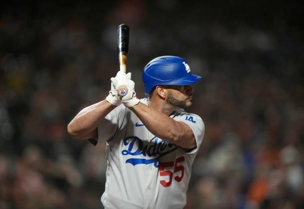 Albert Pujols of the Los Angeles Dodgers bats against the San Francisco Giants in the top of the ninth inning at Oracle Park on September 04, 2021 in...