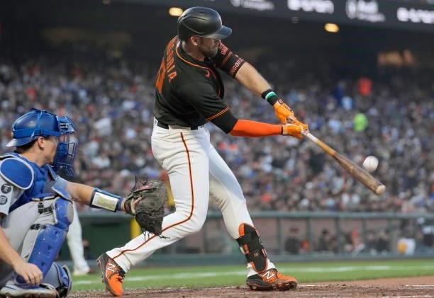 Evan Longoria of the San Francisco Giants bats against the Los Angeles Dodgers in the bottom of the third inning at Oracle Park on September 04, 2021...