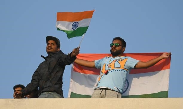 India fans with flags during the fourth day of the 4th LV= Test Match between England and India at The Kia Oval on September 05, 2021 in London,...
