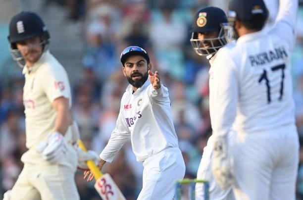 Virat Kohli of India reacts during the fourth day of the 4th LV= Test Match between England and India at The Kia Oval on September 05, 2021 in...