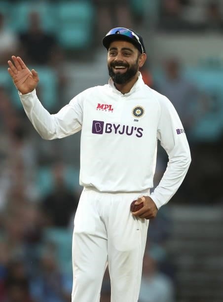 Virat Kohli of India laughs during day four of the LV= Insurance test match between England and India at The Kia Oval on September 05, 2021 in...