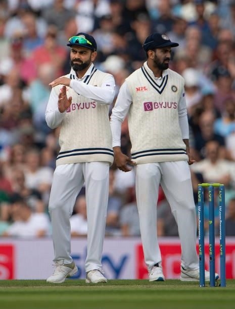 India captain Virat Kohli calls for a DRS review during the Fourth LV= Insurance Test Match: Day Two between England and India at The Kia Oval on...