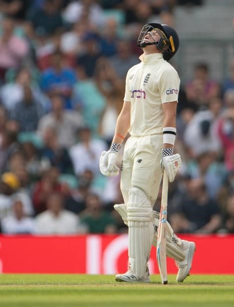 Ollie Pope of England reacts after being bowled by Shardul Thakur of India during the Fourth LV= Insurance Test Match: Day Two between England and...