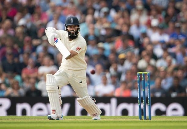 Moeen Ali of England batting during the Fourth LV= Insurance Test Match: Day Two between England and India at The Kia Oval on September 03, 2021 in...