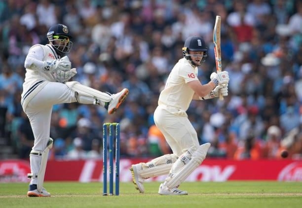Ollie Pope of England batting as Rishabh Pant of India keeps wicket during the Fourth LV= Insurance Test Match: Day Two between England and India at...