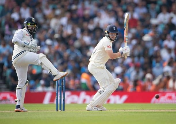 Ollie Pope of England batting as Rishabh Pant of India keeps wicket during the Fourth LV= Insurance Test Match: Day Two between England and India at...