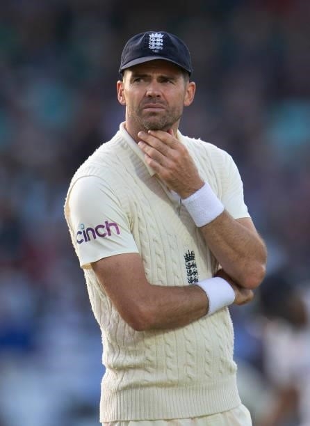 James Anderson of England during the Fourth LV= Insurance Test Match: Day Two between England and India at The Kia Oval on September 03, 2021 in...