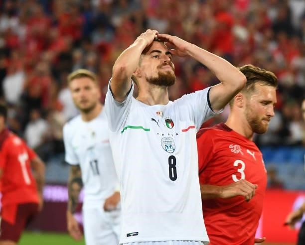 Jorginho of Italy reacts during the 2022 FIFA World Cup Qualifier match between Switzerland and Italy at St Jacob Park on September 05, 2021 in...