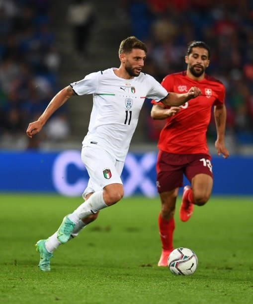 Domenico Berardi of Italy in action during the 2022 FIFA World Cup Qualifier match between Switzerland and Italy at St Jacob Park on September 05,...