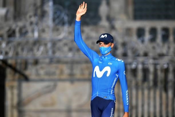 Enric Mas Nicolau of Spain and Movistar Team celebrates winning the second place on the podium ceremony after the 76th Tour of Spain 2021, Stage 21 a...