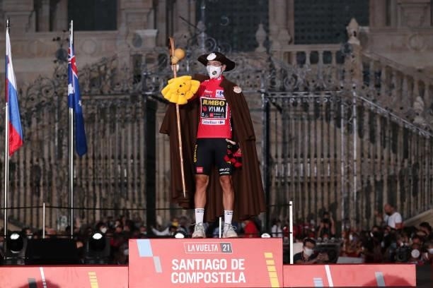 Primoz Roglic of Slovenia and Team Jumbo - Visma celebrates winning the red leader jersey dressed in " Camino de Santiago