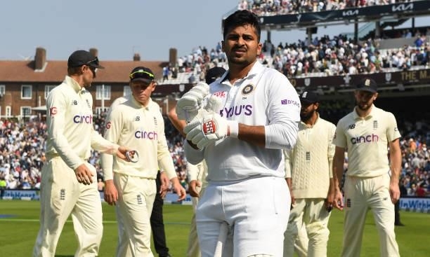 Shardul Thakur of India leaves the field for the tea break during the fourth day of the 4th LV= Test Match between England and India at The Kia Oval...