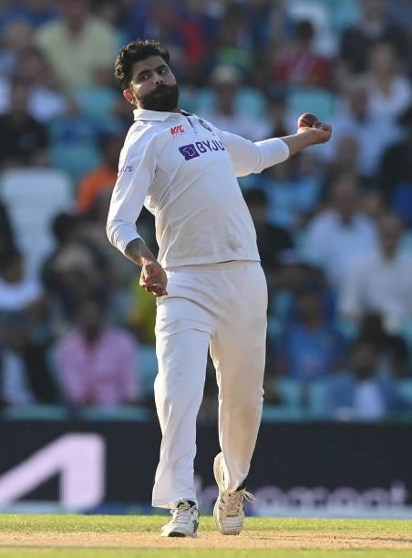 Ravindra Jadeja of India bowls during the fourth day of the 4th LV= Test Match between England and India at The Kia Oval on September 05, 2021 in...