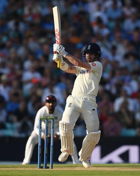 Rory Burns of England hits a four during the fourth day of the 4th LV= Test Match between England and India at The Kia Oval on September 05, 2021 in...