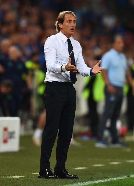 Head coach of Italy Roberto Mancini reacts during the 2022 FIFA World Cup Qualifier match between Switzerland and Italy at St Jacob Park on September...