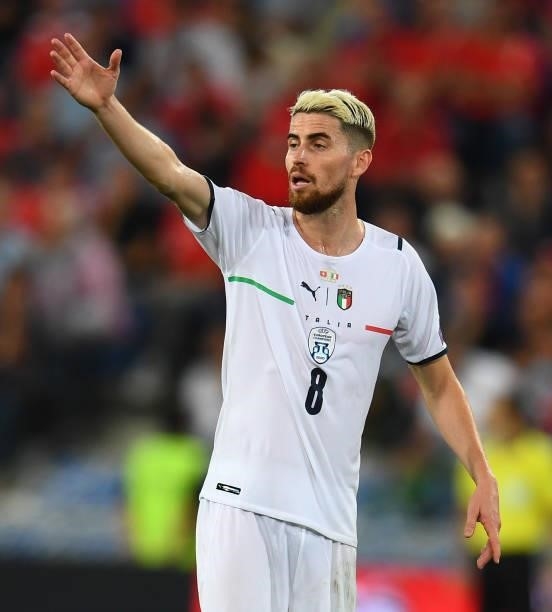 Jorginho of Italy reacts during the 2022 FIFA World Cup Qualifier match between Switzerland and Italy at St Jacob Park on September 05, 2021 in...