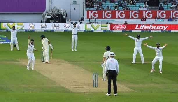 Mohammed Siraj and Virat Kohli of India appeal unsuccessfully for the dismissal of Haseeb Hameed of England during the fourth day of the 4th LV= Test...