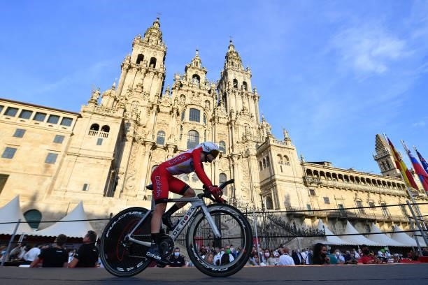 Rémy Rochas of France and Team Cofidis competes in the Plaza del Obradoiro with the Cathedral in the background during the 76th Tour of Spain 2021,...