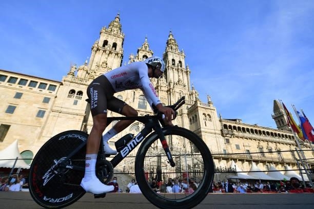 Lilian Calmejane of France and AG2R Citröen Team competes in the Plaza del Obradoiro with the Cathedral in the background during the 76th Tour of...