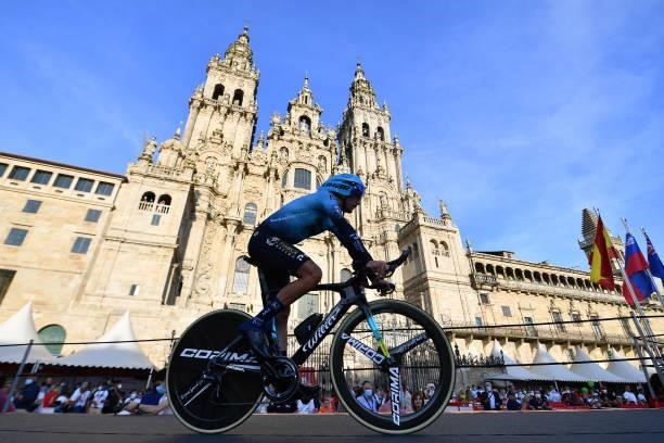 Gorka Izagirre Insausti of Spain and Team Astana – Premier Tech competes in the Plaza del Obradoiro with the Cathedral in the background during the...