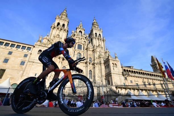 Wouter Poels of Netherlands and Team Bahrain Victorious competes in the Plaza del Obradoiro with the Cathedral in the background during the 76th Tour...