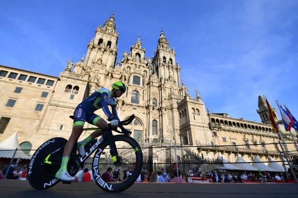 Simone Petilli of Italy and Team Intermarché - Wanty - Gobert Matériaux competes in the Plaza del Obradoiro with the Cathedral in the background...