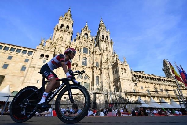 Rafal Majka of Poland and UAE Team Emirates competes in the Plaza del Obradoiro with the Cathedral in the background during the 76th Tour of Spain...