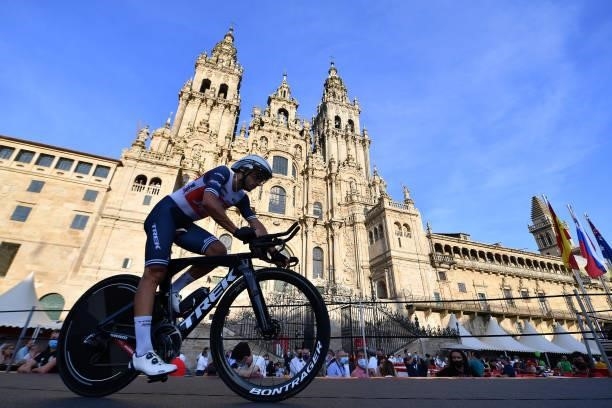 Gianluca Brambilla of Italy and Team Trek - Segafredo competes in the Plaza del Obradoiro with the Cathedral in the background during the 76th Tour...