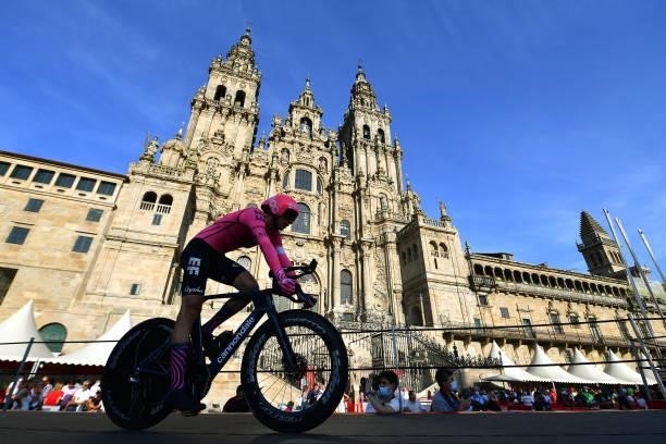 Jens Keukeleire of Belgium and Team EF Education - Nippo competes in the Plaza del Obradoiro with the Cathedral in the background during the 76th...