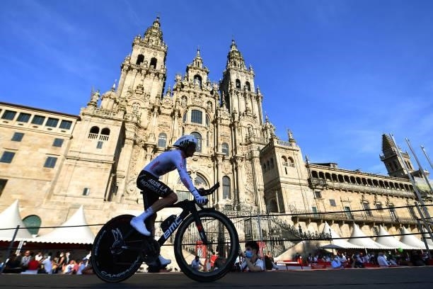 Nicolas Prodhomme of France and AG2R Citröen Team competes in the Plaza del Obradoiro with the Cathedral in the background during the 76th Tour of...