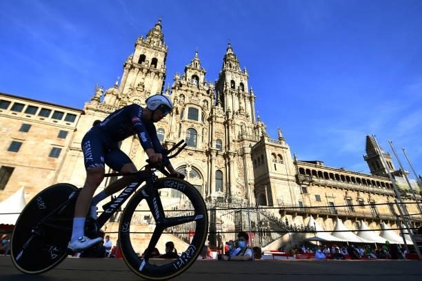 Floris De Tier of Belgium and Team Alpecin-Fenix competes in the Plaza del Obradoiro with the Cathedral in the background during the 76th Tour of...
