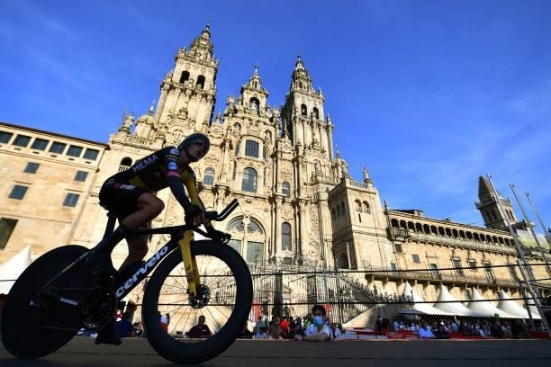 Koen Bouwman of Netherlands and Team Jumbo - Visma competes in the Plaza del Obradoiro with the Cathedral in the background during the 76th Tour of...