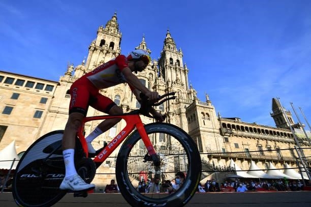 Jesús Herrada Lopez of Spain and Team Cofidis competes in the Plaza del Obradoiro with the Cathedral in the background during the 76th Tour of Spain...