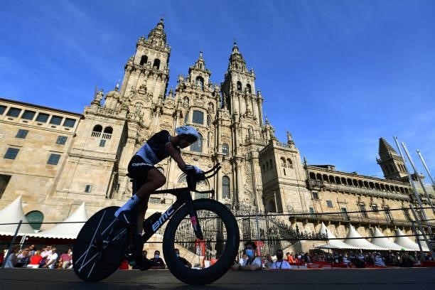 Fabio Aru of Italy and Team Qhubeka Nexthash competes in the Plaza del Obradoiro with the Cathedral in the background during the 76th Tour of Spain...