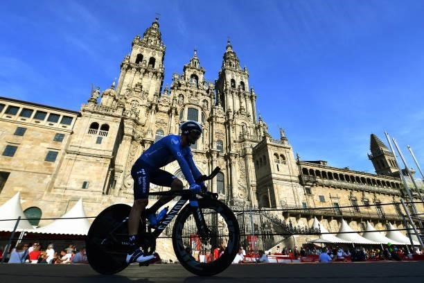 Jose Joaquin Rojas Gil of Spain and Movistar Team competes in the Plaza del Obradoiro with the Cathedral in the background during the 76th Tour of...