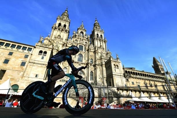 Lucas Hamilton of Australia and Team BikeExchange competes in the Plaza del Obradoiro with the Cathedral in the background during the 76th Tour of...