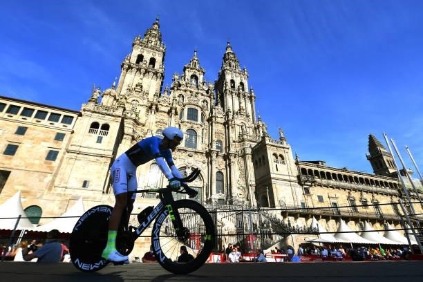 Rein Taaramäe of Estonia and Team Intermarché - Wanty - Gobert Matériaux competes in the Plaza del Obradoiro with the Cathedral in the background...