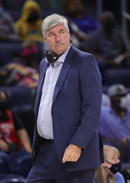 Head coach Bill Laimbeer of the Las Vegas Aces watches as his team takes on the Chicago Sky at Wintrust Arena on September 05, 2021 in Chicago,...