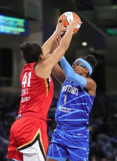 Kiah Stokes of the Las Vegas Aces blocks a shot by Diamond DeShields of the Chicago Sky at Wintrust Arena on September 05, 2021 in Chicago, Illinois....