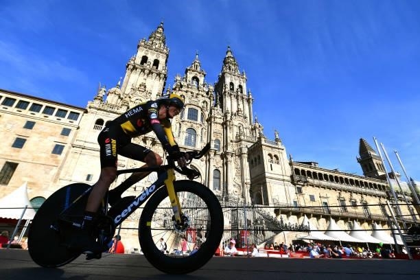 Robert Gesink of Netherlands and Team Jumbo - Visma competes in the Plaza del Obradoiro with the Cathedral in the background during the 76th Tour of...