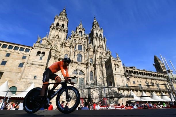 Mikel Iturria Segurola of Spain and Team Euskaltel - Euskadi competes in the Plaza del Obradoiro with the Cathedral in the background during the 76th...