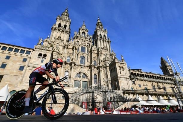 Andreas Lorentz Kron of Denmark and Team Lotto Soudal competes in the Plaza del Obradoiro with the Cathedral in the background during the 76th Tour...