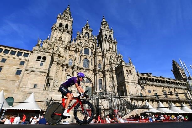 Jetse Bol of Netherlands and Team Burgos - BH competes in the Plaza del Obradoiro with the Cathedral in the background during the 76th Tour of Spain...