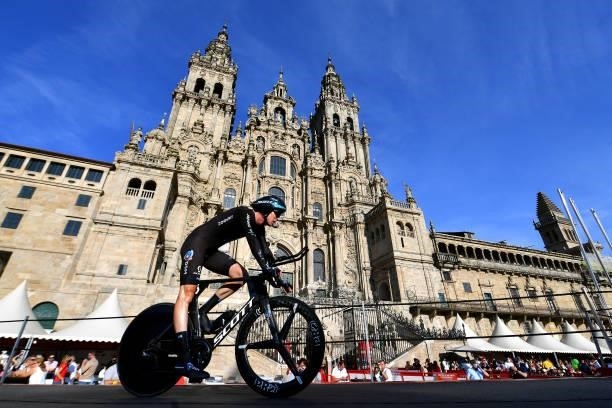 Thymen Arensman of Netherlands and Team DSM competes in the Plaza del Obradoiro with the Cathedral in the background during the 76th Tour of Spain...