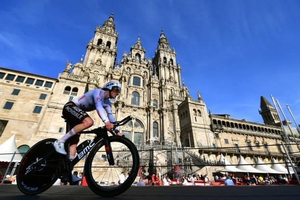 Stan Dewulf of Belgium and AG2R Citröen Team competes in the Plaza del Obradoiro with the Cathedral in the background during the 76th Tour of Spain...