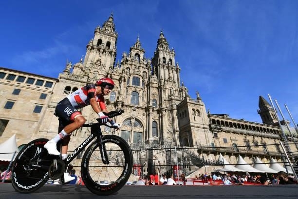 Rui Oliveira of Portugal and UAE Team Emirates competes in the Plaza del Obradoiro with the Cathedral in the background during the 76th Tour of Spain...