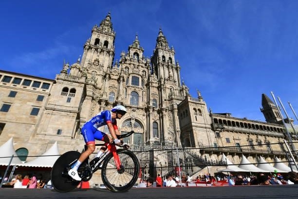 Olivier Le Gac of France and Team Groupama - FDJ competes in the Plaza del Obradoiro with the Cathedral in the background during the 76th Tour of...