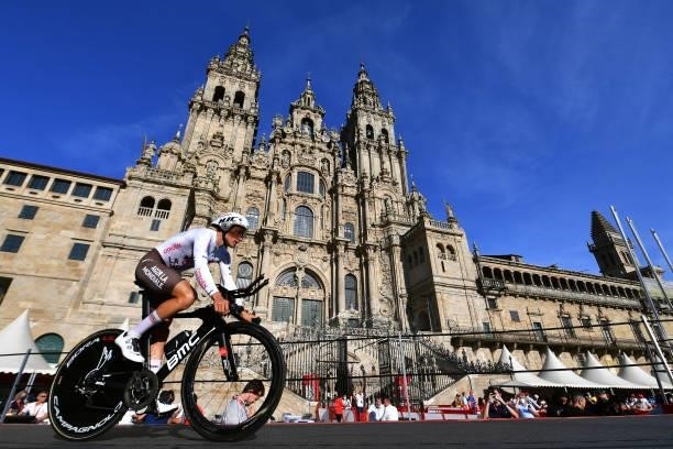 Damien Touzé of France and AG2R Citröen Team competes in the Plaza del Obradoiro with the Cathedral in the background during the 76th Tour of Spain...