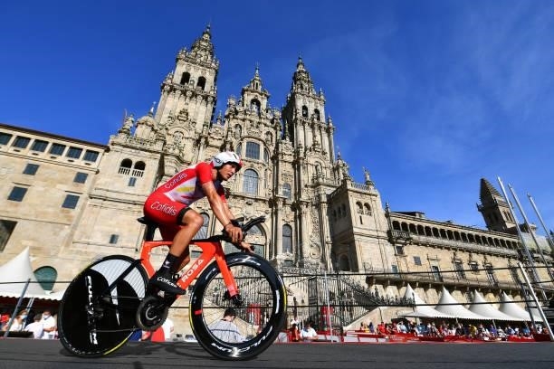 Fernando Barceló Aragón of Spain and Team Cofidis competes in the Plaza del Obradoiro with the Cathedral in the background during the 76th Tour of...