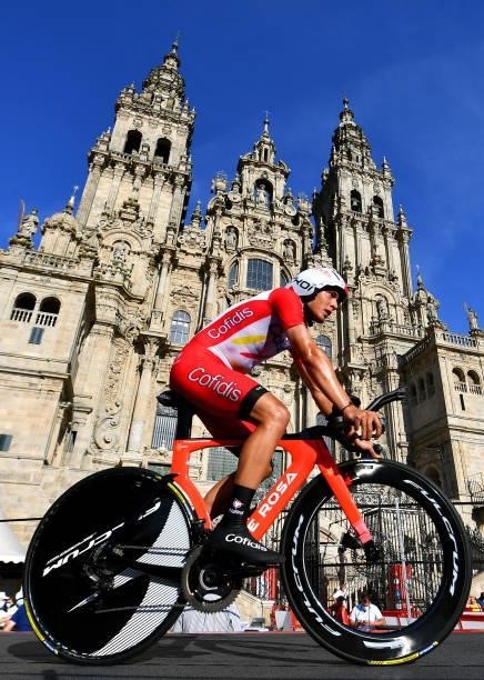 Fernando Barceló Aragón of Spain and Team Cofidis competes in the Plaza del Obradoiro with the Cathedral in the background during the 76th Tour of...